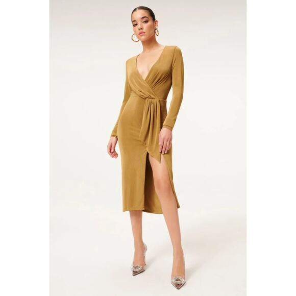 Good American Shimmer Faux Wrap Dress Long Sleeve Side Slit Metallic Gold Sz XL - Picture 1 of 12